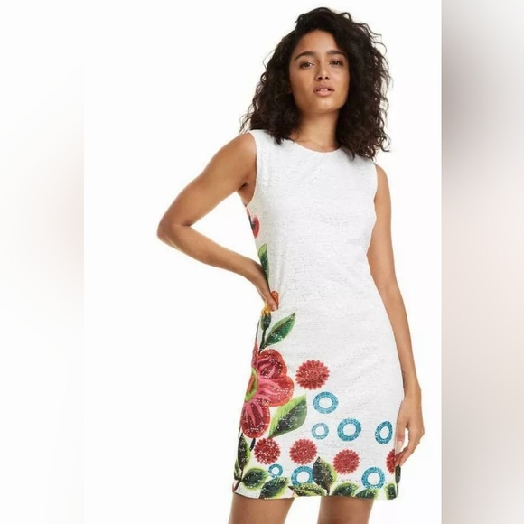 Desigual Dresses & Skirts - Desigual White Dress with Red and Blue Floral Accents